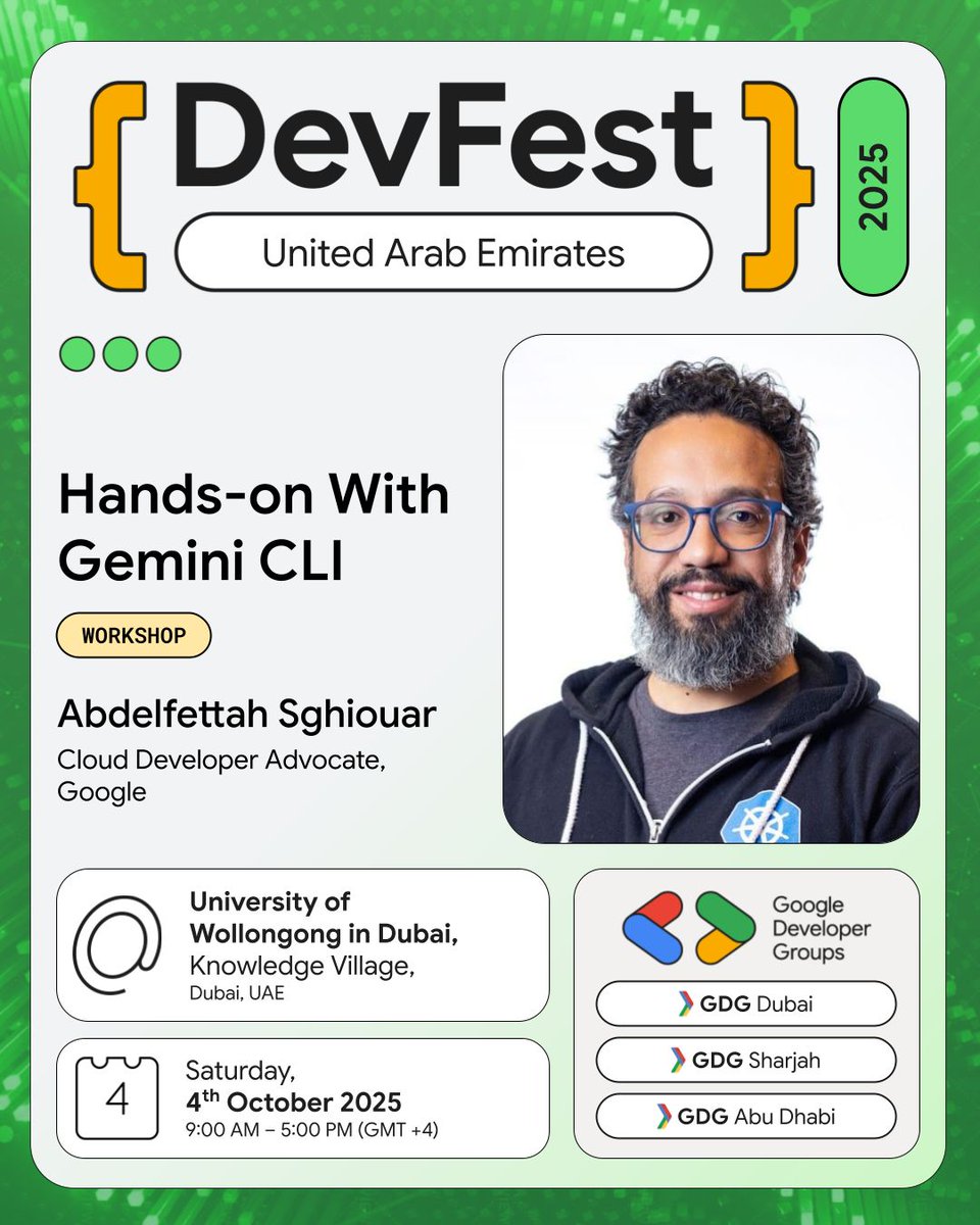 boredabdel's tweet photo. Excited to go back to Dubai 🇦🇪 🥳
I will run a hands-on Gemini CLI workshops at #DevFestDubai and Im also attending and speaking at the #GDGSummit the day before 🙌
👉 Register Now!: https://t.co/E1ugzu4h31
#GDGDubai #GDGAbuDhabi #GDGSharjah #GoogleCloud #DevRel https://t.co/CYjKoSLoMS