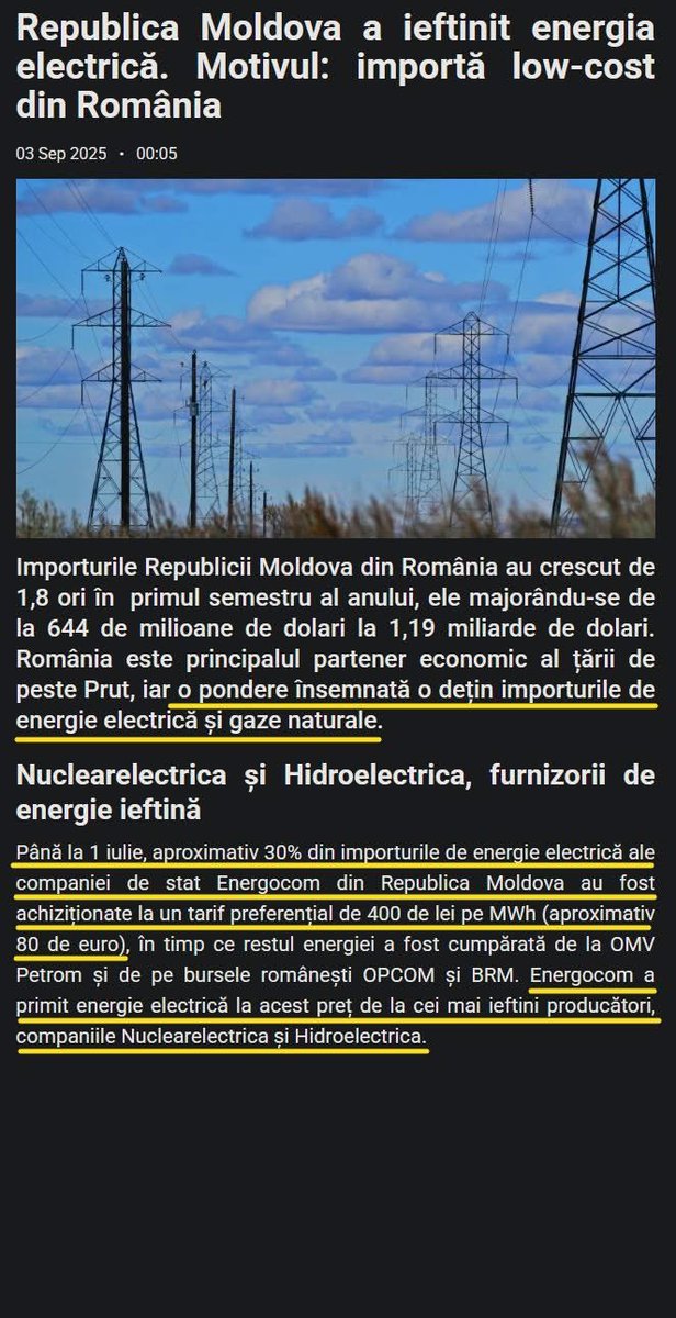NikoSimon_1's tweet image. România importă la 30.09.2025 energie electrică pe piața spot la prețul de 142 €/MWh, iar Energocom Moldova importa energie din România la prețul de 80 €/MWh. (by J.A.)

Hai, s-aveț’ o zi frumoasă ! 🫤

surse:
jurnalul.ro/bani-afaceri/e…

profit.ro/povesti-cu-pro…