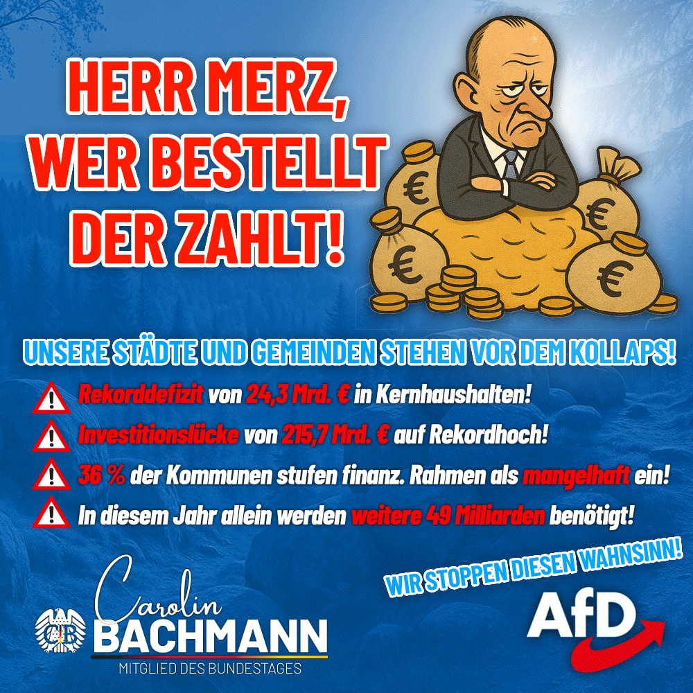 + Straßen zerfallen, Schulen verrotten, Kitas fehlen! Zeit für die AfD! 💙+

Kmmunale Investitionslücke mit 215,7 Mrd. €. 
Migration, Energiewahnsinn, Bürokratie: Das Kredo muss endlich wieder heißen: "WER BESTELLT, DER ZAHLT!", damit unsere Kommunen nicht der Kollaps droht!