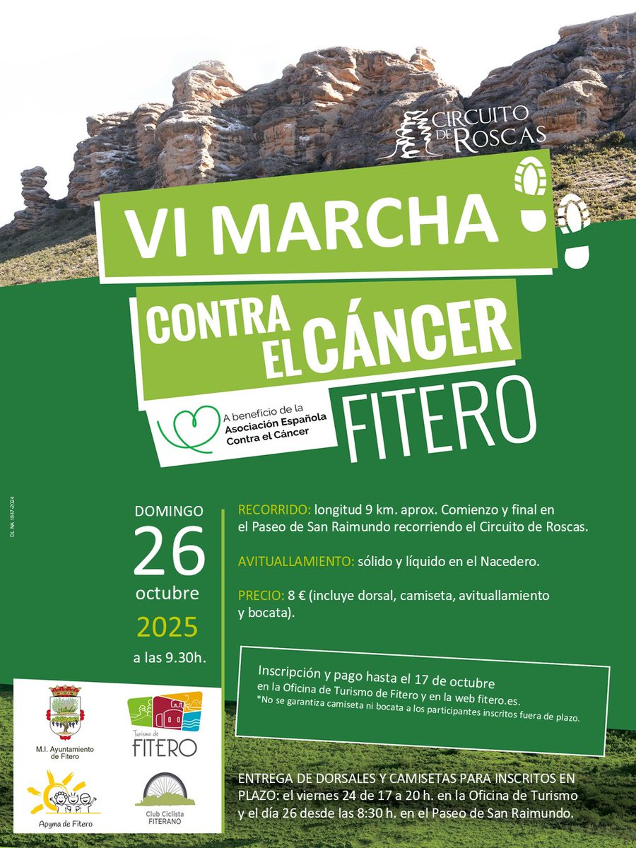 El día 26 de octubre celebraremos la VI Marcha contra el Cáncer en #Fitero 💚

<a href="/ContraCancerEs/">Asociación Española Contra el Cáncer</a> 
#circuitoderoscas

Las personas que se inscriban hasta el día 17 de octubre contarán con la👕 camiseta edición especial 🧵

Info e inscripciones: turismofitero.com/producto/vi-ma…