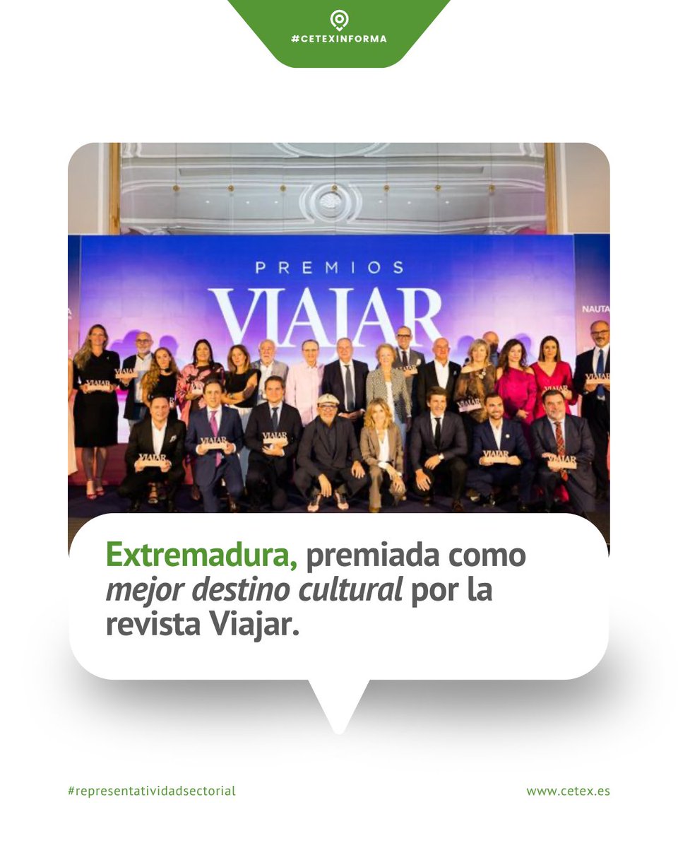 #CetexInforma👉Extremadura ha sido reconocida como Mejor Destino Cultural 2025 por la revista Viajar.
Un premio que pone en valor nuestro patrimonio, historia y una agenda cultural que no descansa.
Fuente: Canal Extremadura
📸 el Periódico Extremadura
#representatividadsectorial