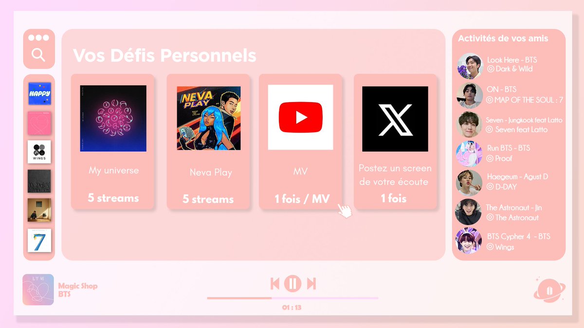 ARMYFRANCE_'s tweet image. [@BTS_twt  x #ChallengeYourself]

ARMYs !

Pour célébrer la deuxième partie des collaborations du mois, nous vous lançons ces défis ! 

Vous pouvez écouter sur la plateforme de streaming de votre choix !

Réussirez-vous à atteindre cet objectif personnel ? 👀