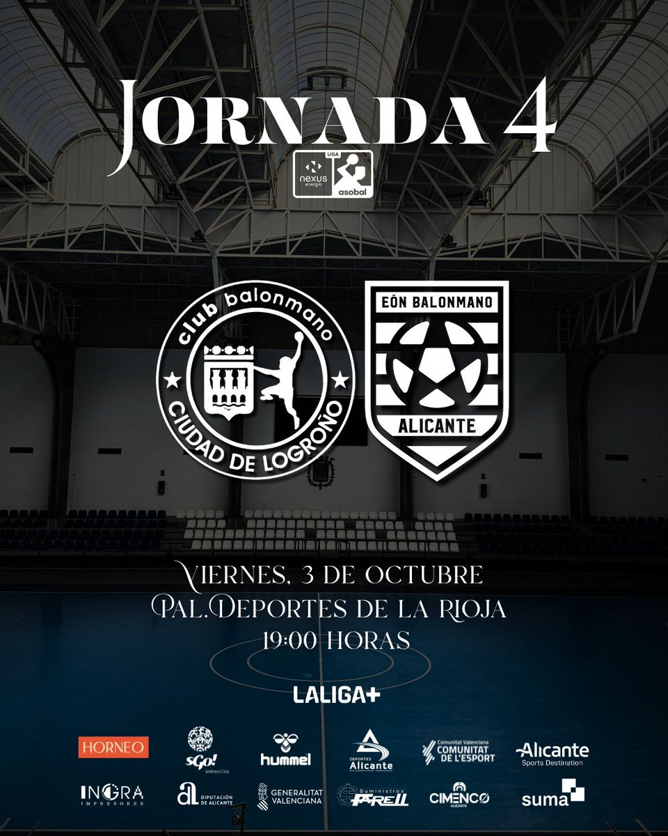 🏆 𝐉𝐨𝐫𝐧𝐚𝐝𝐚 𝟒

🆚 <a href="/ciudadlogronobm/">Club Balonmano Ciudad de Logroño</a>
📅 Viernes, 3 de octubre
⏰ 19:00h
📍Palacio de los deportes de La Rioja
📺 <a href="/LaLigaPlus/">LALIGA+</a> 

#HORNEOEónAlicante #ASOBAL