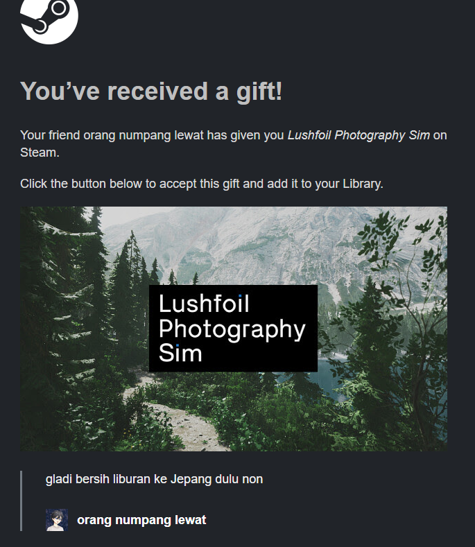 omg ada orang numpang lewat sambil ngelempar gift, awgatou yaa, ini akan jadi training arc sebelum ke Jepang