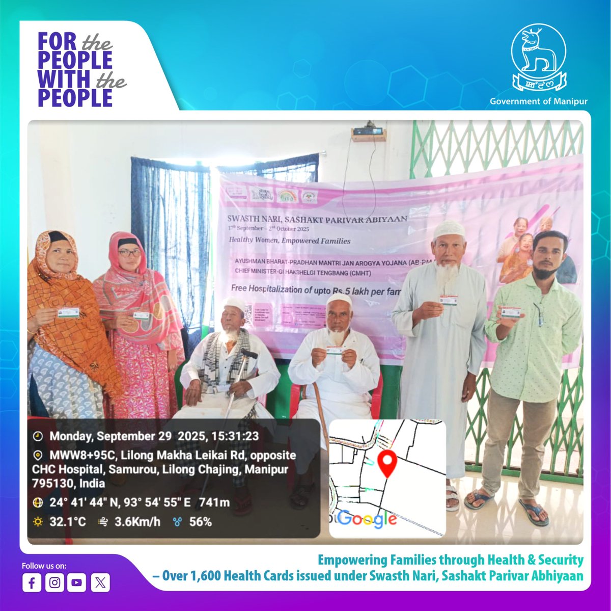 govt_of_manipur's tweet photo. Under the Swasth Nari, Sashakt Parivar Abhiyaan Campaign, health camps were organised across various health centres of the State from 17th to 29th September 2025.

- 1209 PMJAY cards
- 291 Vay Vandana cards
- 168 CMHT cards

have been issued to eligible beneficiaries, ensuring access to quality healthcare and social security. 

The Government of Manipur remains committed to building a healthier and more empowered society.
@dhsmanipur

#GovernmentOfManipur #SwasthNariSashaktParivar #HealthyManipur #WomenEmpowerment #SocialWelfare