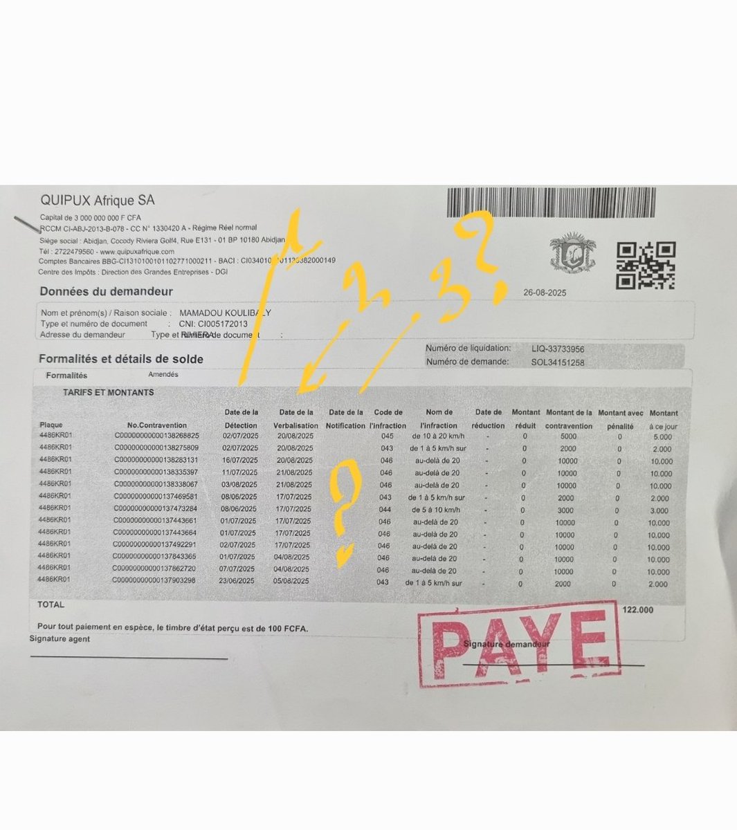 M_Koulibaly's tweet photo. Oui!
Regardez le document-ci après. 
Aucune de mes infractions ne m'avaient été signifiées avant que je ne passe payer. Mais, comme je passe périodiquement faire l'état de mes infractions et amendes, parce que j'étais, jusqu'à maintenant, très souvent sur les routes du pays, j'ai fait les règlements pour des infractions qui attendaient de m'être envoyées un jour.
Vous constaterez avec moi que:
▪︎ La colonne " Date de détection " est renseignée.
▪︎ La colonne " Date de verbalisation" est aussi renseignée.
▪︎ Mais que la colonne " Date de notification" reste vide.
● Mon paiement Date du 26/8/2025 alors que ma dernière infractions routières documentées chez Quipux-Afrique S.A date, comme vous le voyez sur la dernière ligne du document, de 23/06/2025.
Donc, on pourrait présumer que les notifications que je reçois maintenant, en fin septembre, doivent probablement dater d'après le 23 juin 2025. Il y a trois mois de cela.
Mais, même direz-vous, ni les dates de détection, ni les dates de verbalisation ne sont classées selon un ordre chronologique facile à comprendre. Donc la réponse à votre question est oui!