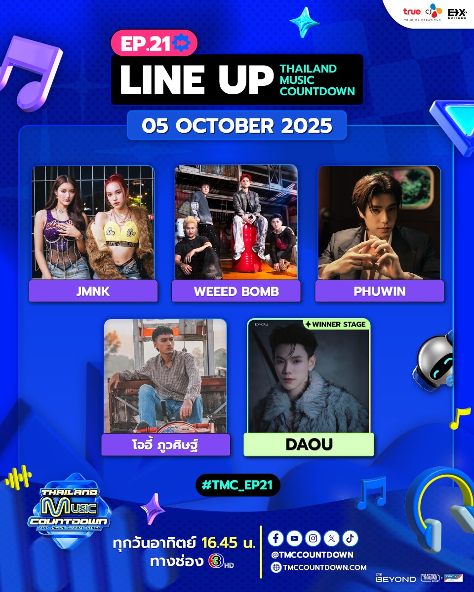 [Line Up #TMC_EP21] วันอาทิตย์นี้พบกับโชว์สุดพิเศษจาก 

🎤 JMNK (JustmineNika) - DMMA
🎤 WEEED BOMB - รู้อยู่คนเดียว (Mute)
🎤 PHUWIN - เทหมดหน้าตัก (All In)
🎤 โจอี้ ภูวศิษฐ์ - Move On แบบใด
🏆 [WINNER STAGE : AUGUST] DAOU PITTAYA - WHITE RABBIT

มาร่วมเคาท์ดาวน์ไปพร้อมกัน ใน