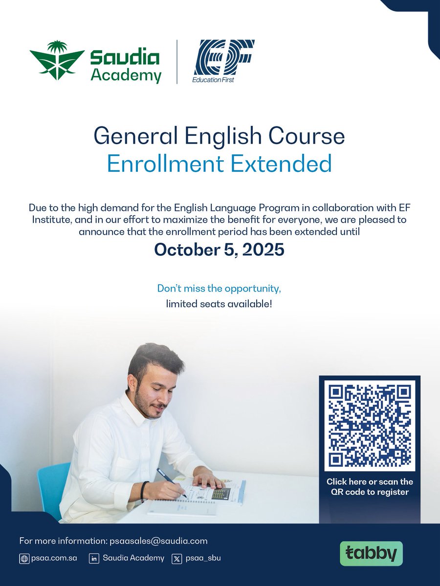 We are pleased to announce the extension of registration for the English Language Program, in collaboration with EF Institute, until October 5, 2025.

Don’t miss the opportunity ✨📚
Limited seats available