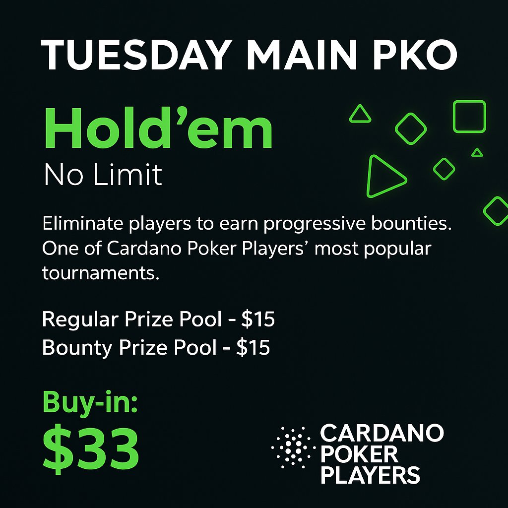 ADAPokerPlayers's tweet photo. 🎯 Tuesday Main PKO - $3,000 GTD

💰 Buy-in: $33
🧨 Format: Progressive Knockout (PKO)
♠️ No rebuys, no addons
📍 Starting Stack: 20,000 chips
🎁 Early Bird: Register early and get +20% bonus chips!

🔗 https://t.co/xwWmF6D3Hs

#Cardano #INDvsPAK #Poker #wsoponline #CHEN $ada https://t.co/nwCrL8j5yS