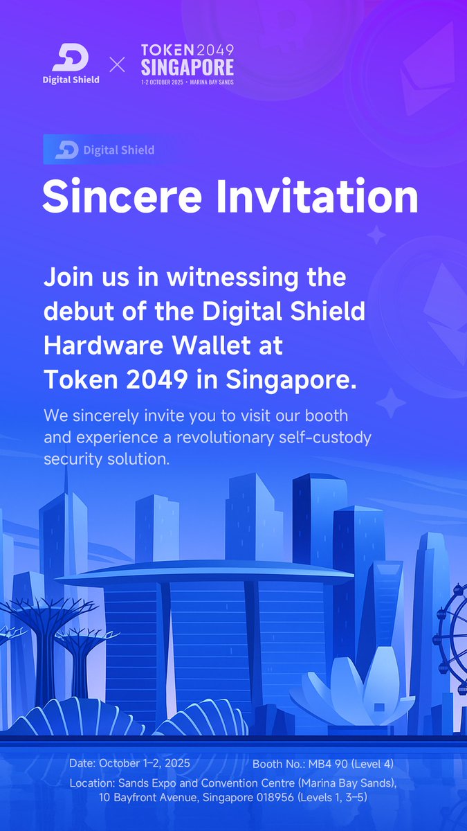 DigitShield_HQ's tweet photo. 🎉 TOKEN2049 SG GIVEAWAY! 🎉

Want to witness the global debut of the new Digital Shield hardware wallet? We're giving 5 lucky followers exclusive invites to #Token2049SG!

To enter:
1️⃣ Follow @DigitShield_HQ 
2️⃣ Like + RT this post 
3️⃣ Comment & tag a friend you'd bring!

Winners will get a first-hand look at our revolutionary security tech and snag some exclusive merch at the event.

📅 Ends October 1st, 12:00 PM (SGT). Good luck, and see you in Singapore! 🇸🇬

#Giveaway #Crypto #Token2049 #HardwareWallet #DigitalShield #Web3