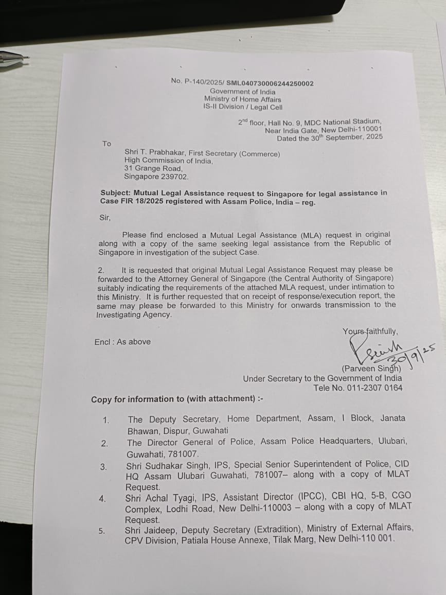 himantabiswa's tweet photo. The Ministry of Home Affairs has now formally invoked the Mutual Legal Assistance Treaty (MLAT) in connection with the FIR lodged by Assam Police regarding the unfortunate demise of our beloved Zubeen. https://t.co/2NZPR940MZ