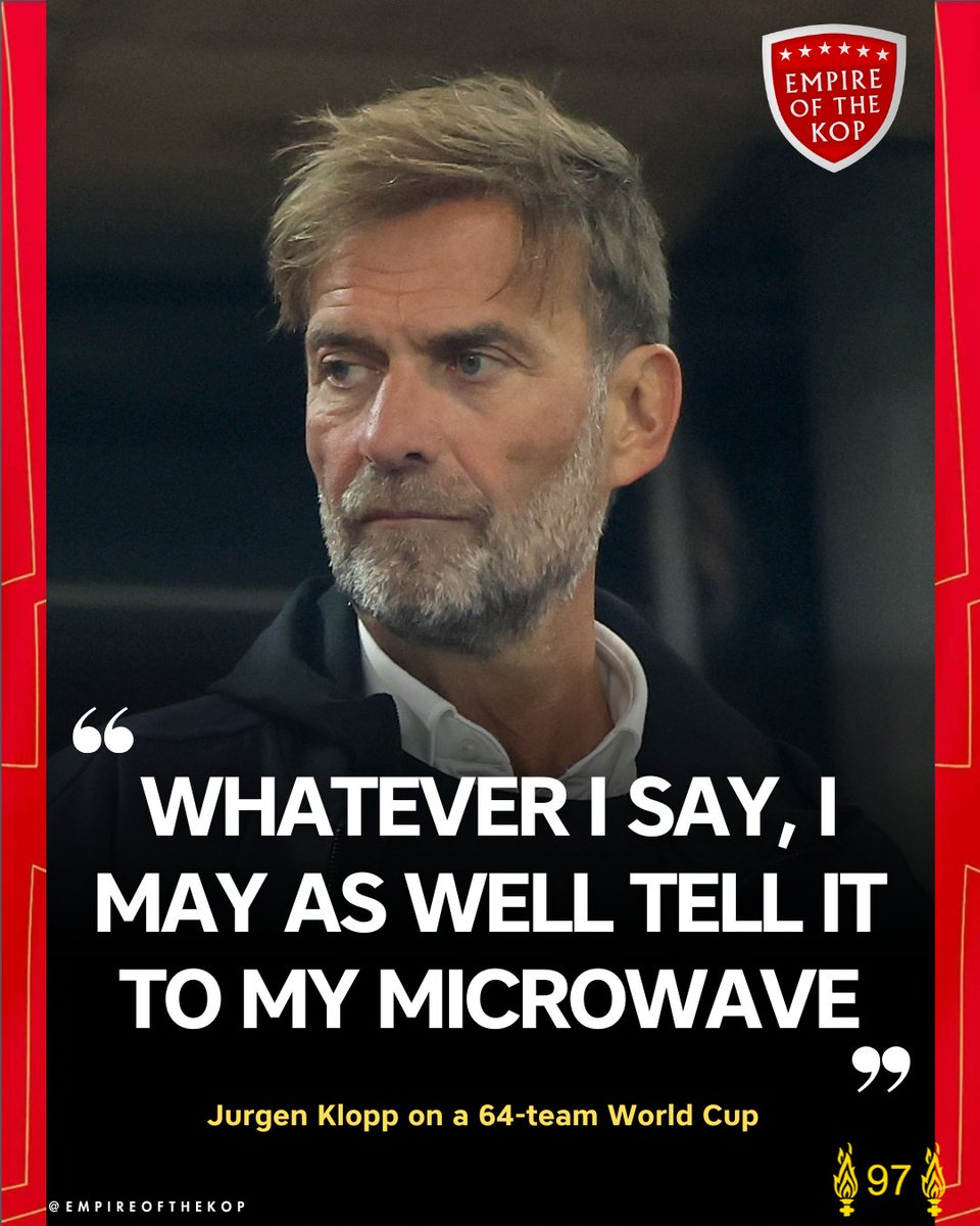 empireofthekop's tweet image. 🗣️ Klopp on FIFA discussing a 64-team World Cup in 2030:

&quot;Whatever I say, I may as well tell it to my microwave...

&quot;People will say, &apos;Oh, but you earn a lot of money!&apos; I know that. Or club officials will say, &apos;Yeah, it&apos;s players and coaches, they always want more money, so we…