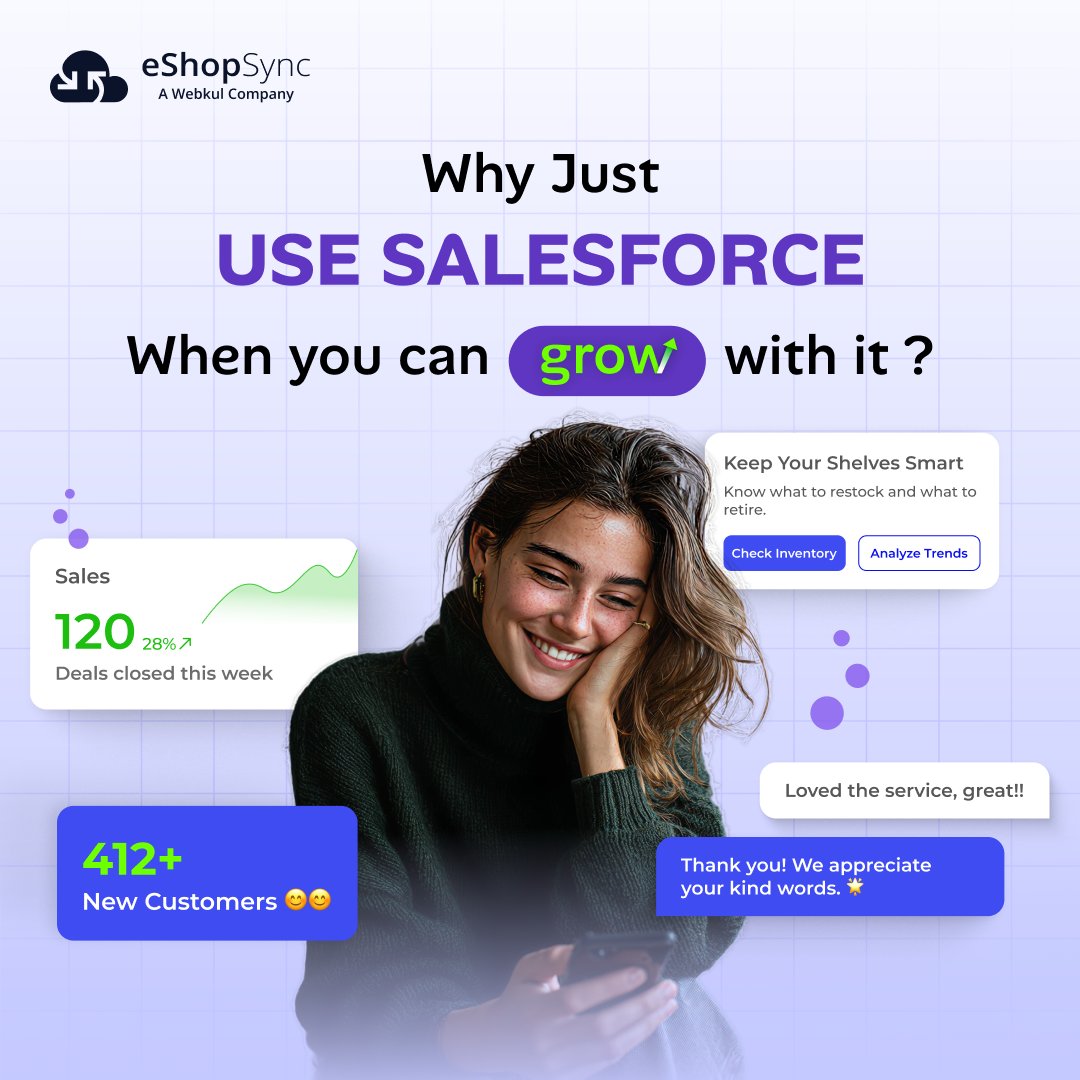 eshopsync's tweet image. At #eShopSync, we design #Salesforce solutions that help businesses:

🫢 Sell smarter

😊 Care better

😇 Decide faster

🤭 Convert more

👉 Hire certified Salesforce experts at eShopSync today.

#Salesforce #Services #CRM #SalesforceExperts
