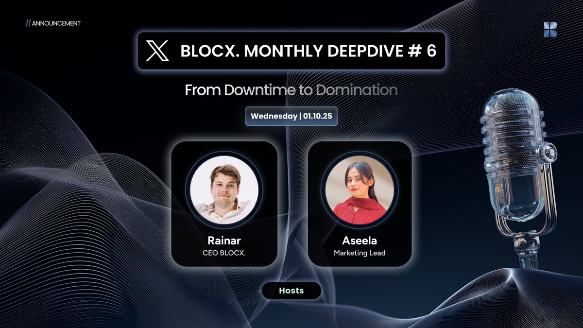BLOCX_TECH's tweet photo. Join us tomorrow for BLOCX Monthly AMA #6 — live with our CEO Rainar and Marketing Manager Aseela.

This session will focus on:

– The recent network maintenance (what happened + what’s next)
– GRIDBOX reopening & first Proof-of-Machine payouts
– Updates on our new exchange listing + FarmrSwap progress

🗓️ Wednesday, Oct 1
🕒 12 PM UTC
🔗 https://t.co/lN2qFc8nYw

Come with your questions. Let’s talk through it all! ⚡️