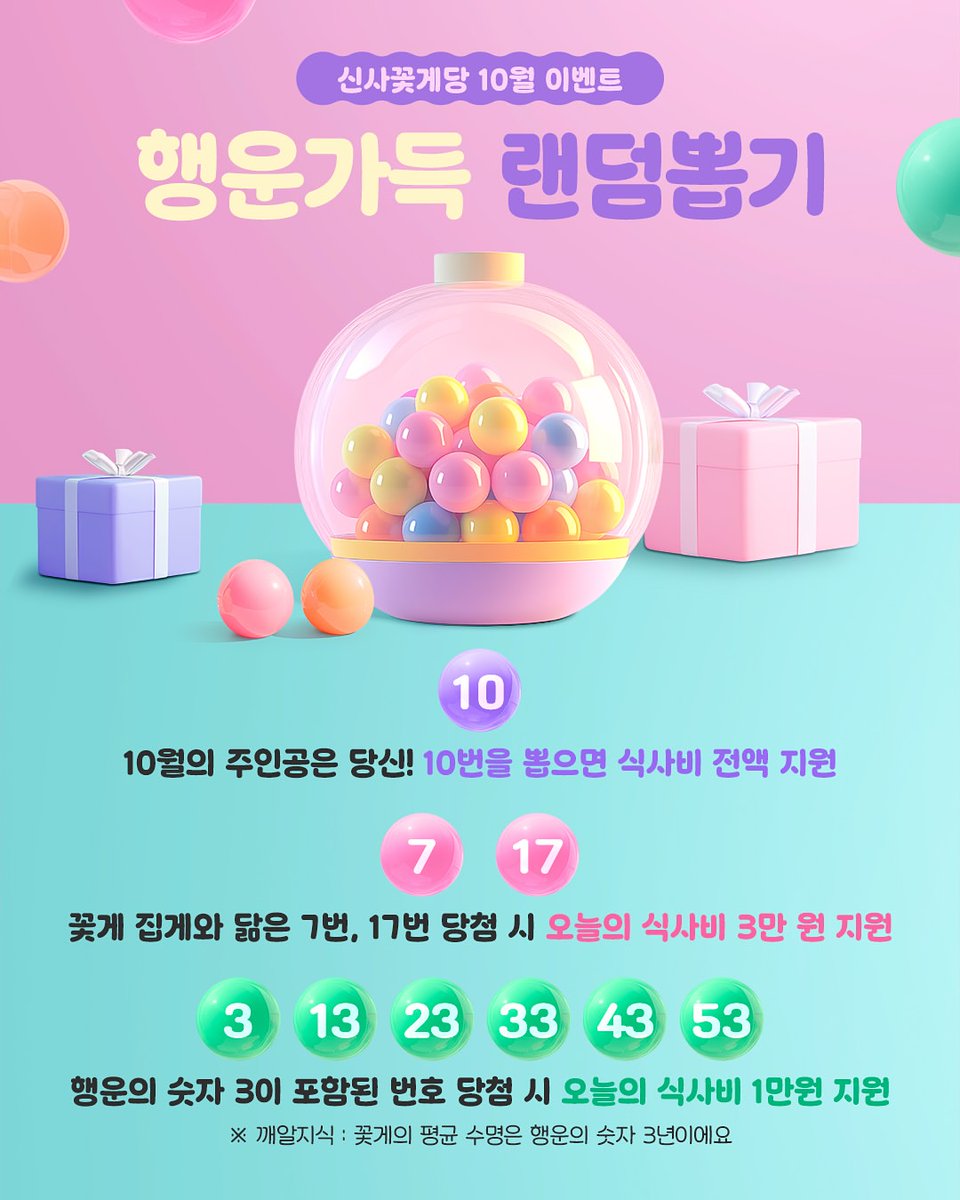 🦀 10월의 행운 번호! 꽃게당 ‘집게발 럭키 드로우’ 캠페인!
🏆 [대박! 식사비 전액 면제] (번호: 10번)
→ 10월의 주인공은 당신

🦀 [3만원 할인] (번호: 7번, 17번)
→ 집게 번호 뽑으면 대박!

✨ [1만원 할인] (번호: 3, 13, 23, 33, 43, 53번)
→ 꽃게의 평균 수명 ‘3년’에서 착안