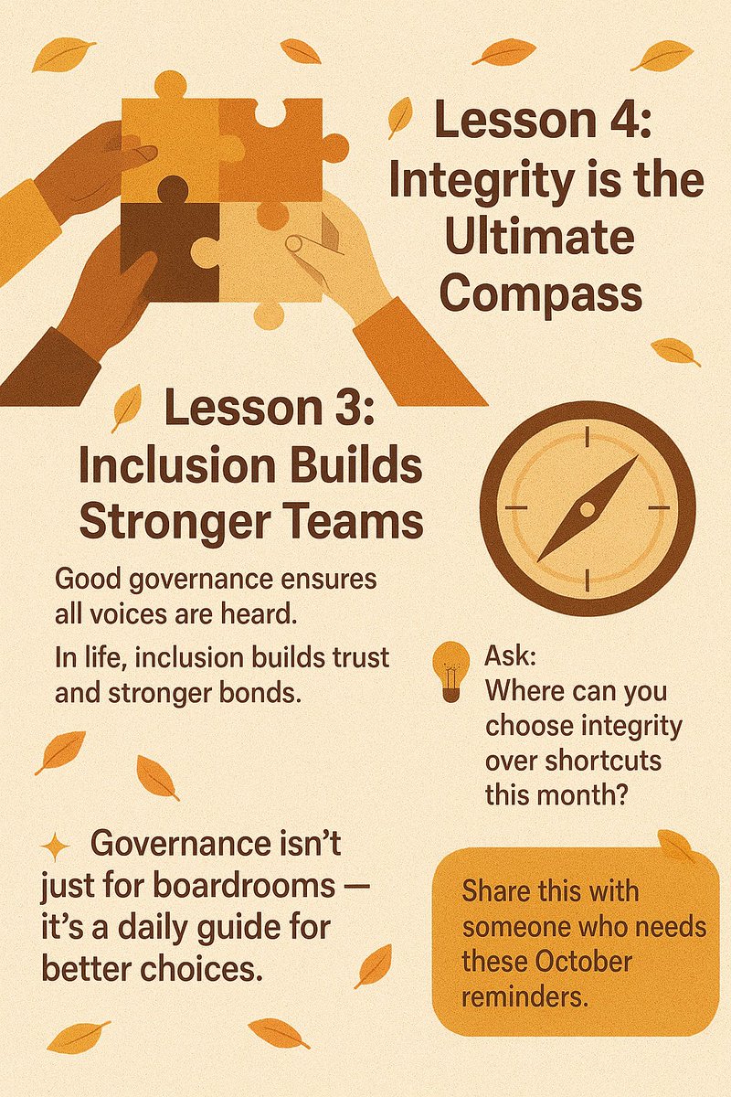 WyneLegal's tweet image. 🍂 September ends, but the lessons stay:
✅ Accountability
✅ Adaptability
✅ Inclusion
✅ Integrity

These aren’t just governance tools, they’re life tools.
Which one will guide your October?

#Leadership #Governance #LifeLessons #OctoberVibes