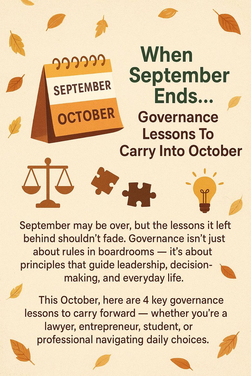 WyneLegal's tweet image. 🍂 September ends, but the lessons stay:
✅ Accountability
✅ Adaptability
✅ Inclusion
✅ Integrity

These aren’t just governance tools, they’re life tools.
Which one will guide your October?

#Leadership #Governance #LifeLessons #OctoberVibes