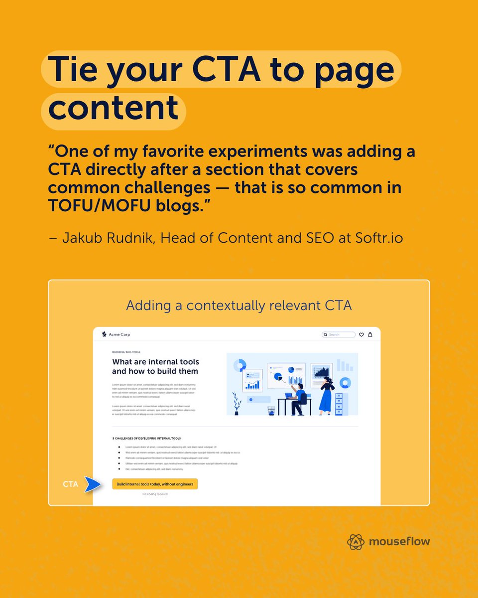 mouseflow's tweet image. Most CTA advice is boring: “make it clear, keep it short, add urgency.”
Yeah, thanks… we’ve all heard that a thousand times.
3 experts shared the CTA #experiments that boosted their #conversions.
Simple. Unexpected. Worth testing. 👇😉
#saas #CTA #CRO