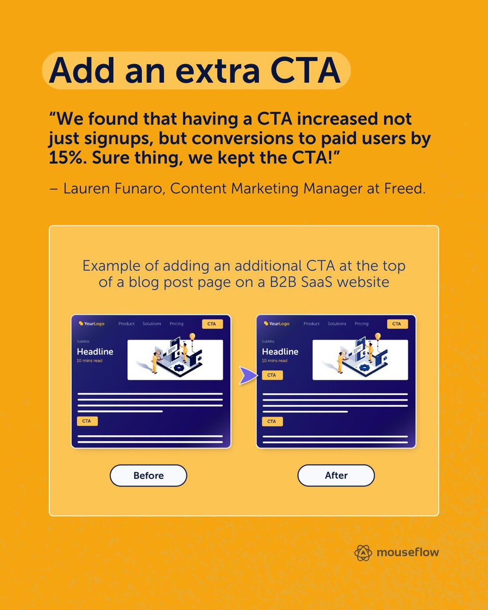mouseflow's tweet image. Most CTA advice is boring: “make it clear, keep it short, add urgency.”
Yeah, thanks… we’ve all heard that a thousand times.
3 experts shared the CTA #experiments that boosted their #conversions.
Simple. Unexpected. Worth testing. 👇😉
#saas #CTA #CRO