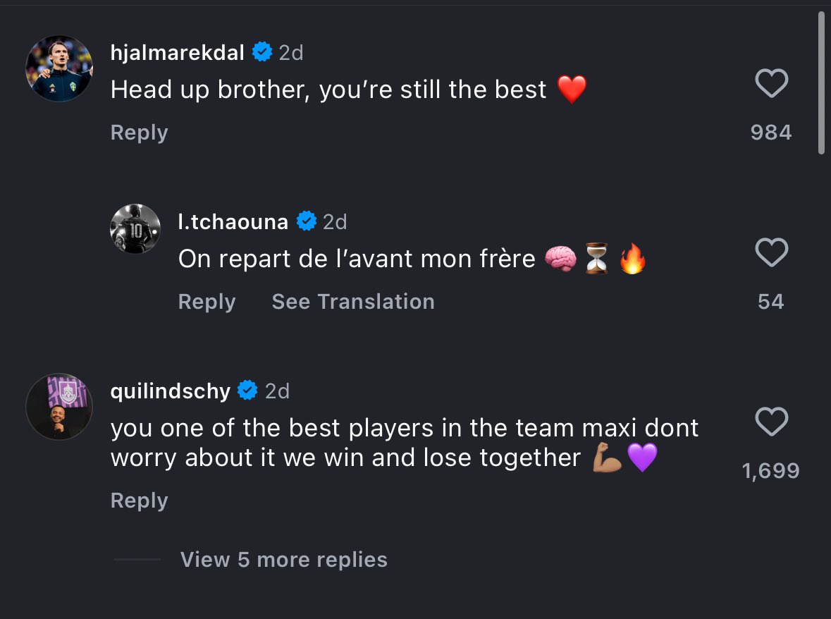 BFCAsh1_'s tweet photo. Comments made to Esteve after his Instagram post. The support of the squad is great to see and something that lacked last time in the prem. https://t.co/6fnjSwnqxe