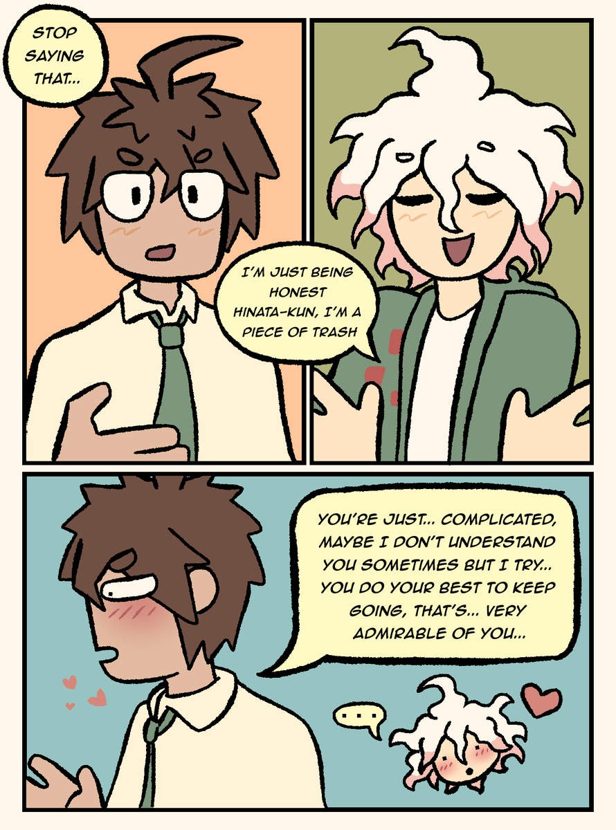 SillyAdam34's tweet photo. @MooMeowz I think Nagito would feel insecure about his body, afraid that Hajime might see him and think he’s disgusting. But when Hajime notices, he says sweet things about him and eventually helps him with medical care and nutrition (Hehe, and a drawing of mine) https://t.co/iMWBA5QhQN