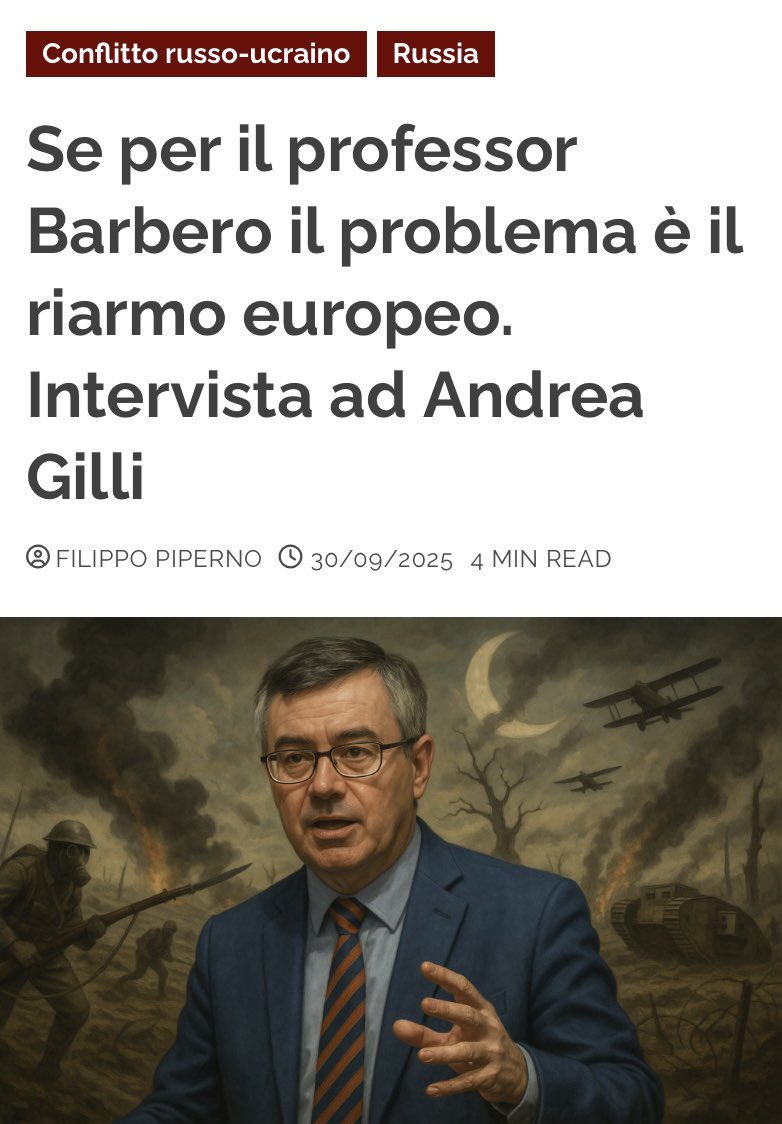 in_oltre's tweet photo. 🗞️ Se per il professor Barbero il problema è il riarmo europeo. Intervista ad Andrea Gilli | Filippo Piperno 

Dal crollo dell’URSS all’invasione dell’Ucraina, la NATO ha ridotto forze e spese militari, mentre Mosca moltiplicava armamenti e aggressioni ibride contro l’Europa. Eppure, per Alessandro Barbero, il vero pericolo resterebbe il riarmo europeo.

Nell’intervista curata da Filippo Piperno, Andrea Gilli - docente di Studi Strategici a St Andrews e Senior Advisor presso l’Ufficio del Sottosegretario di Stato alla Difesa - replica: tre decenni di violazioni e provocazioni dimostrano che la minaccia proviene dall’aggressività del Cremlino, non da Bruxelles.

🔗 L’intervista su InOltre ad @aa_gilli 
https://t.co/p0ZowUaRpP