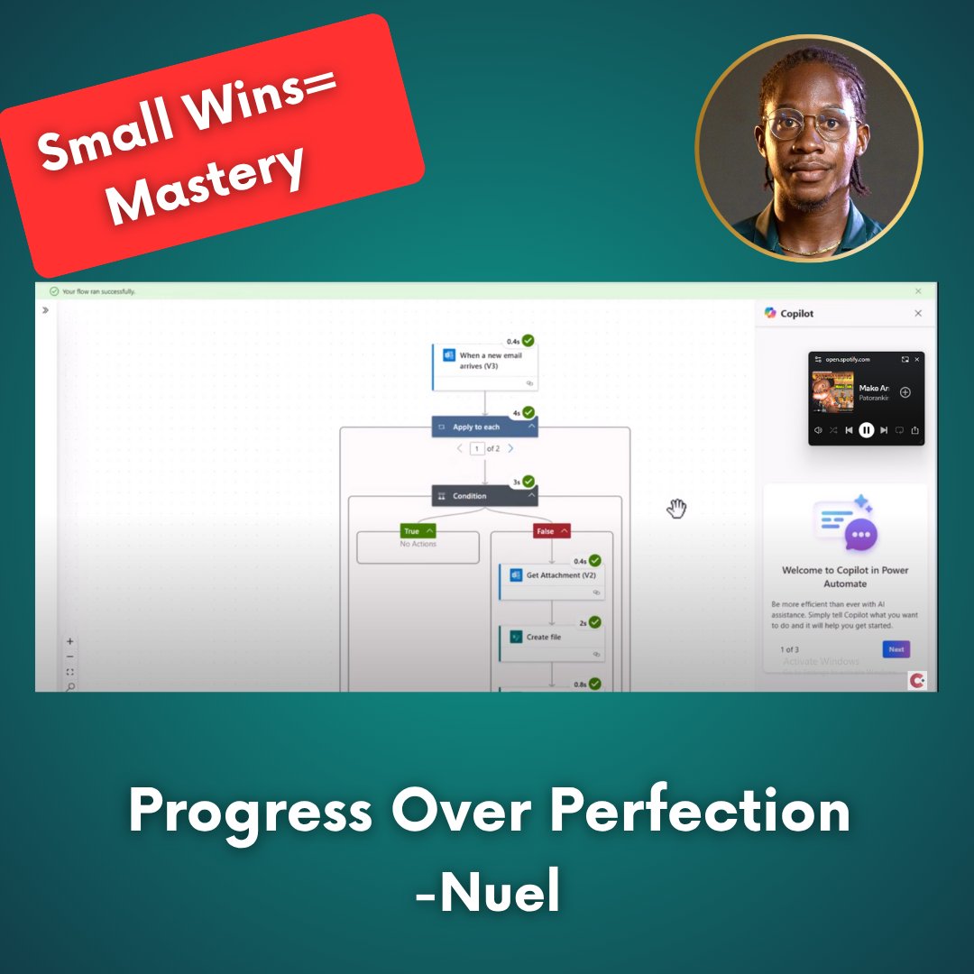 WenekaN's tweet photo. My joy when I saw "Your flow ran successfully" 😁
After trial, error &amp; a few fails 😅, my Power Automate flow now turns new Outlook emails into Planner tasks automatically.
Little wins stack up. Progress > Perfection.
#Microsoft365 #PowerAutomate #ProductivityTools https://t.co/JP0FWQvitX