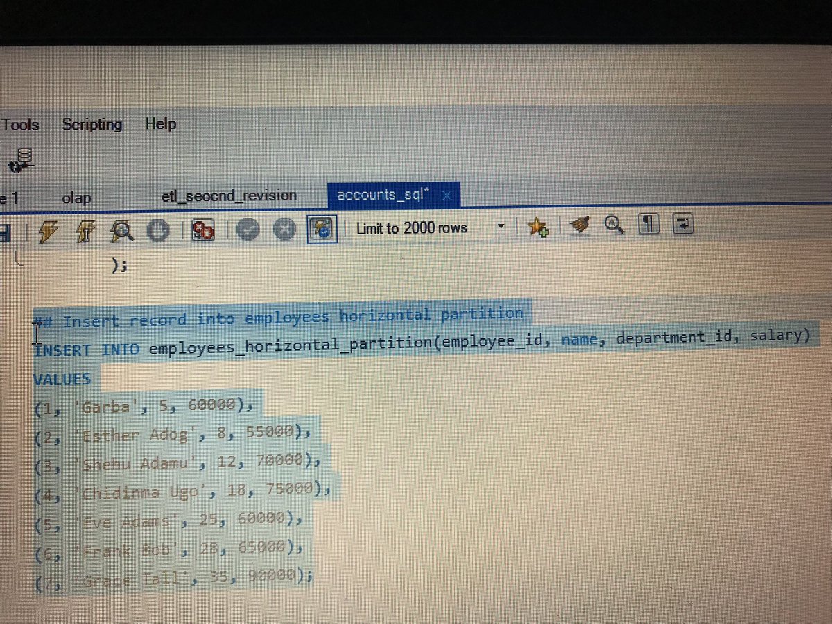 goldmehda01's tweet image. Horizontal and Vertical partitioning is one of the interesting aspects of SQL features that allow us to technically partition our data into rows and columns either way for scalability, performance and query optimization. Below is the queries of Employee Horizontal Partitioning 👎