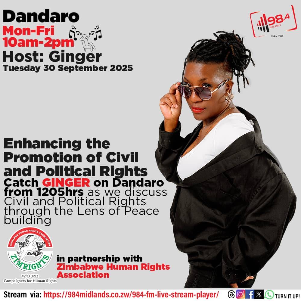 ZimRightsLIVE's tweet photo. Join us today at midday on 98.4 FM or stream on https://t.co/HKAXiGbcAJ as we discuss Civil and Political Rights through Peace Building.

#SOP25 https://t.co/i8V8YQT3cy
