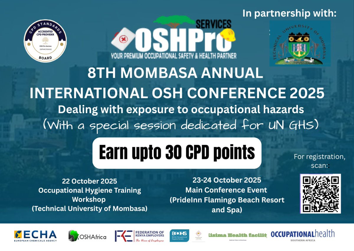 Join global and regional experts at OSH Conference 2025 for a scientific deep dive into occupational health governance, emerging hazards, and policy-driven safety solutions.  

Register: oshconf25.oshproservices.org/pricing-table/  

#technicaluniversityofmombasa #oshconf2025 #occupationalhealth
