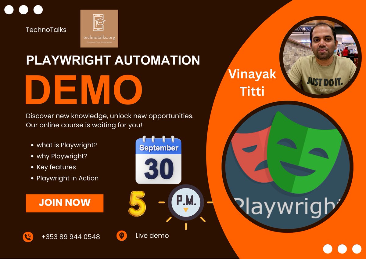 QTechtalks's tweet image. Playwright Automation Demo I&apos;m hosting! 🚀
**When:** Sep 30, 2025
**Time:** 5 PM Ireland Time / 9:30 PM India Time
Website: lnkd.in/eUvs2wc2
Courses:lnkd.in/eEM6ZxvK

🌟 Join our Whatsapp group for demo updates: 
lnkd.in/e9pHHfMm