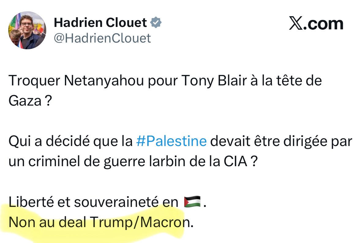 Non non, vous ne rêvez pas. 

Le LFI <a href="/HadrienClouet/">Hadrien Clouet</a> appelle à rejeter le plan de fin de guerre qui permettra de cesser les combats, libérer les otages et reconstruire Gaza. 

Les LFI crient au "génocide"... tout en exigeant qu'il continue. 

Quel foutage de gueule.