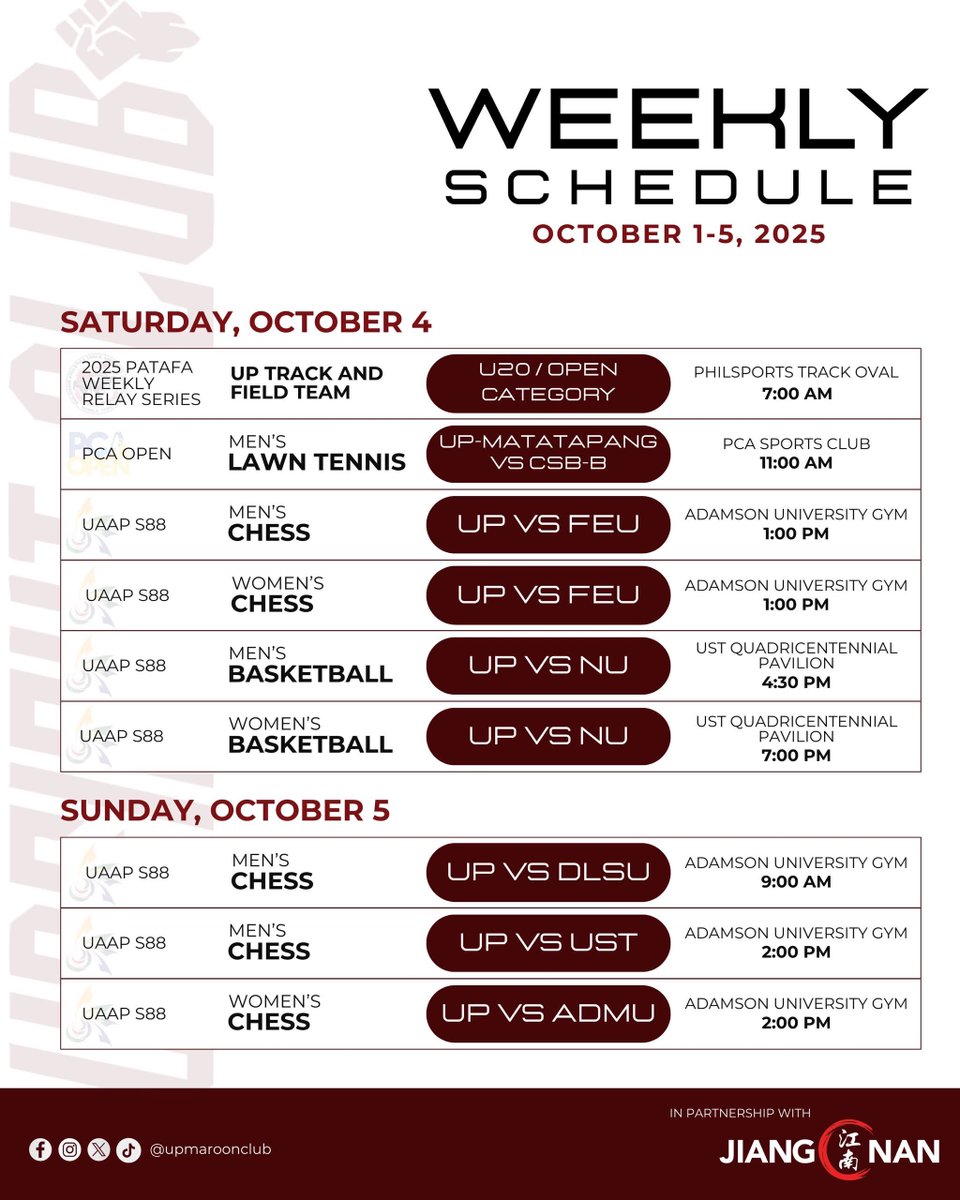 upmaroonclub's tweet photo. All set for another round of action 🔥 Check out this week’s Fighting Maroons schedule!

In partnership with:
Jiang Nan Hotpot

#UPFight❤️💚✊🏼 https://t.co/1h7BPZqFSE