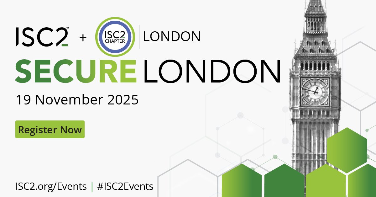 ISC2Events's tweet image. Registration is open for ISC2 SECURE London 2025, co-hosted by the ISC2 London Chapter!

Join us 19 November for a full day of expert insights and peer connections in the heart of London.

Early bird pricing available through 8 October! Secure your seat: ow.ly/Fmlc50WQGQa