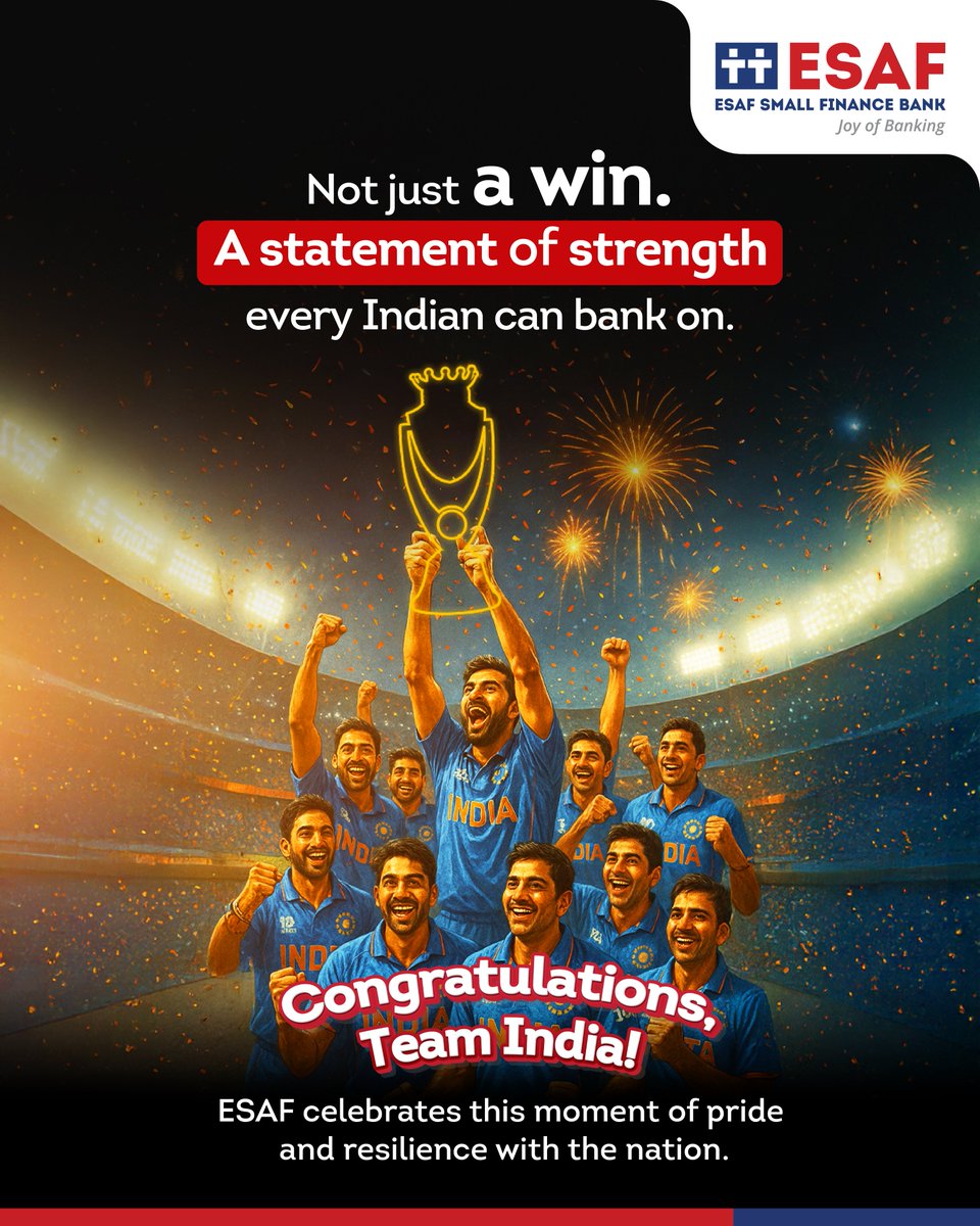 ESAF Bank joins the nation in celebrating this proud moment of resilience, passion, and triumph. 

#TeamIndia #ESAFBank #AsiaCup2025