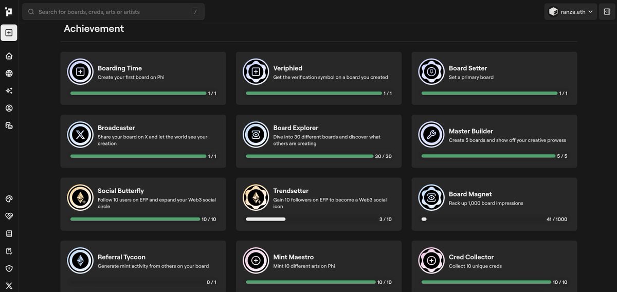 I’ve almost completed all the achievements ( i only need 7 followers). You just have to add me on <a href="/efp/">Ethereum Follow Protocol | efp.eth</a> and then go to the cart, confirm the transaction so it to count on <a href="/phi_xyz/">$phi</a> ! (I’ll follow back): efp.app/0x22df8f85ad98…