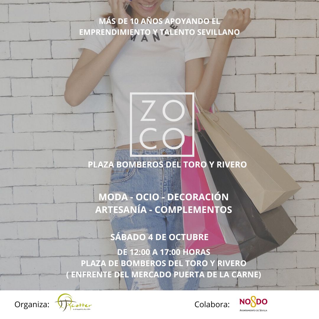 Este sábado 4 de octubre, de 12 a 17 h, disfruta del Zoco en la Plaza Bomberos del Toro y Rivero (frente al Mercado Puerta de la Carne).
Moda, artesanía, decoración, complementos y ocio local.
Con la colaboración del <a href="/Ayto_Sevilla/">Ayuntamiento de Sevilla</a>.
#DistritoNervión