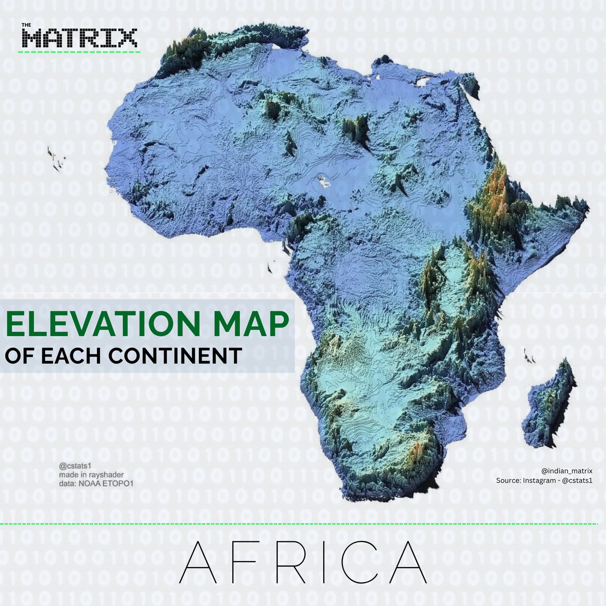 indianmatrix's tweet photo. Next: Australia, mostly flat with the Great Dividing Range hugging the east coast. 

Africa showcases diverse highlands like the Ethiopian Plateau and Rift Valley peaks. 

Mesmerizing topography! https://t.co/oUdY9VQZIF