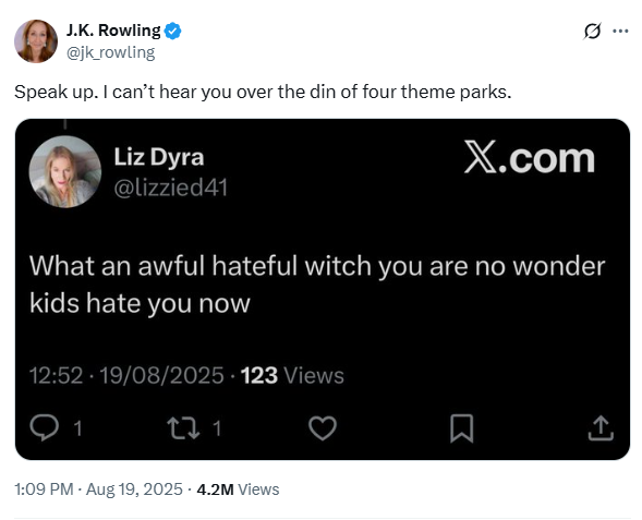 AidanCTweets's tweet image. Yesterday, @jk_rowling was claiming that Emma Watson's privilege made her ignorant. Last month, she was publicly shoving her four theme parks in people's faces. 

Never seen Emma Watson, Daniel Radcliffe of Rupert Grint shoving their wealth in people's faces like this, have you?