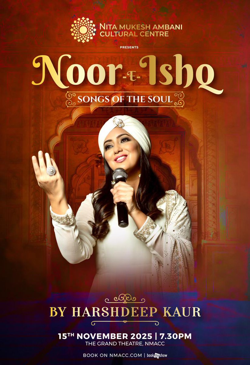 HarshdeepKaur's tweet photo. Sufi meets Cinema ✨

So excited to be performing at our country’s most prestigious venue - The Grand Theatre @nmacc_india on 15th November 

Need your blessings!

Book your tickets now! https://t.co/zFJHbyN9ki