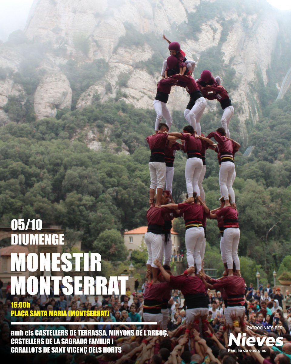 Tenyim de bordeus Montserrat! ⛰️

Colla això no para i aquest diumenge 5 d’octubre ens espera la Moreneta al Monestir 🙏🏽

Actuació a les 16:00h amb <a href="/CDTerrassa/">Castellers de Terrassa</a> <a href="/Minyonsdelarboc/">Minyons de l'Arboç</a>  <a href="/CastellersSAFA/">Castellers de SaFa</a>  i <a href="/carallots/">Carallots SVH</a> 

Us ho perdreu? 🔥

#castells