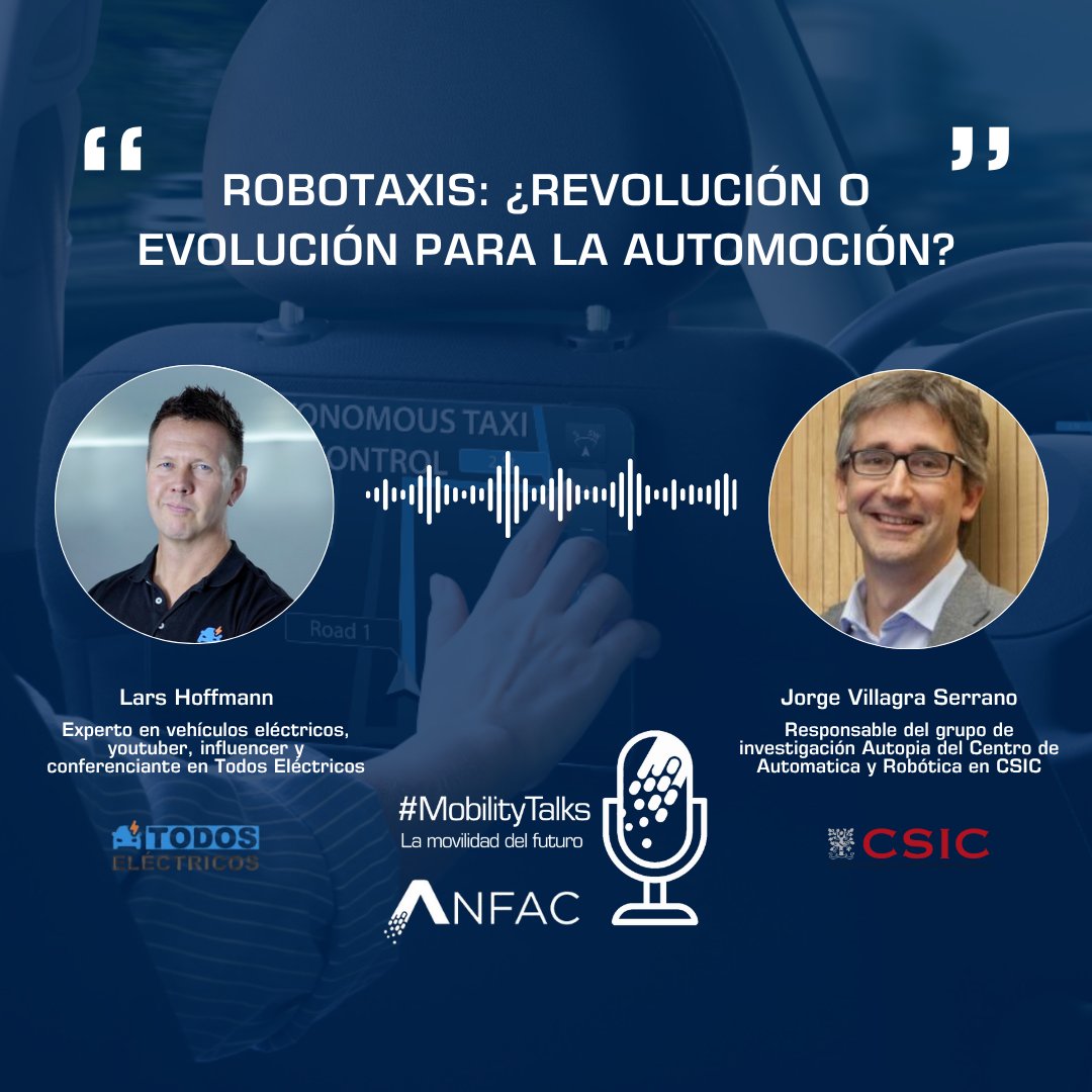 AnfacAutomovil's tweet image. 🎙️ La espera ha terminado....¡ya tenemos nuevo episodio de #MobilityTalks!

 ¿Son los robotaxis una auténtica revolución o la evolución natural de la automoción? ¿Qué implicaciones tienen para las ciudades, la industria y los usuarios?

Para responder a estas cuestiones contamos