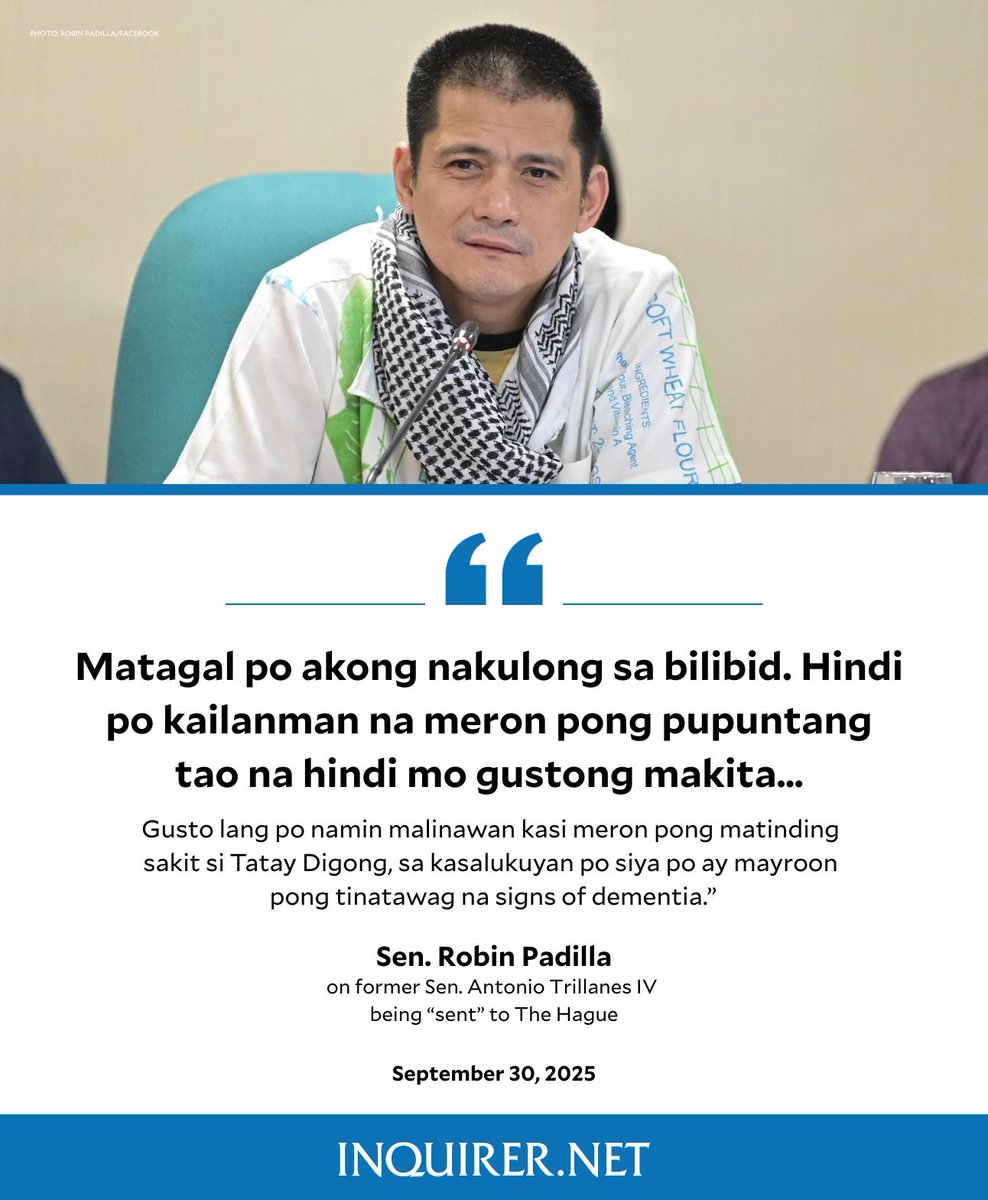 inquirerdotnet's tweet photo. ‘MATAGAL PO AKONG NAKULONG, HINDI KAILANMAN NA MERONG PUPUNTA NA HINDI MO GUSTONG MAKITA’

Sen. Robin Padilla questions the recent visit of former Sen. Antonio Trillanes IV to The Hague, allegedly to check on the situation of former President Rodrigo Duterte.

•⁠  ⁠Watch the Senate plenary session here: https://t.co/S5oUg57CXI