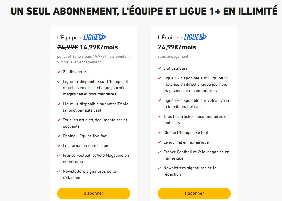 ⚽💻L'Équipe distribuera Ligue1+ jusqu'en 28-29 via une offre d'abonnement couplée, L'Équipe + Ligue 1+. Un tarif de 14,99€/mois accompagne ce lancement
Cette offre donne accès aux 8 matches de L1 diffusés en direct chaque journée. Le 9e (beIN Sports) sera accessible en différé