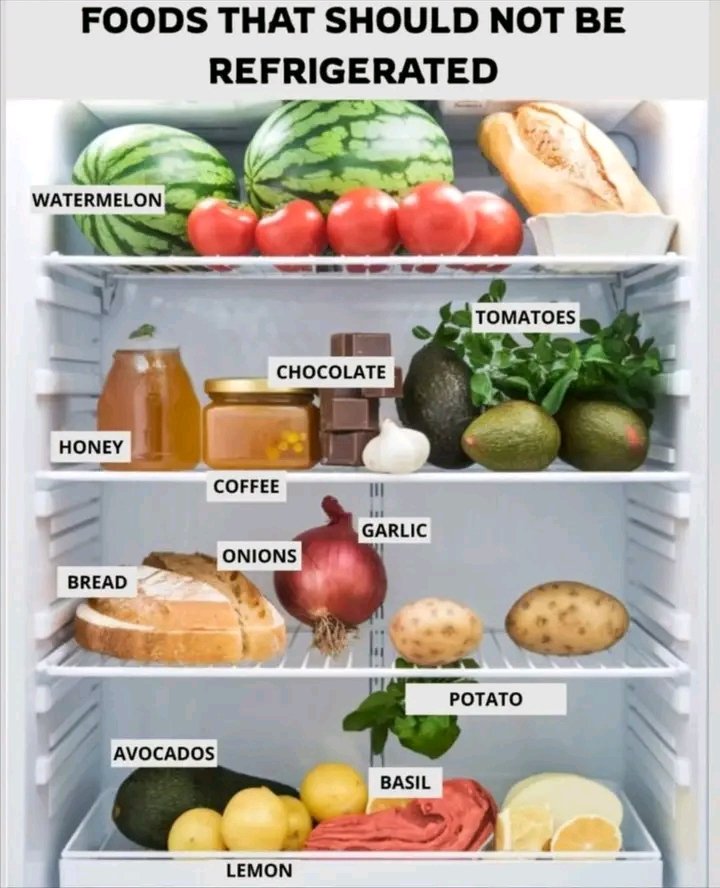 Agriculfuture's tweet image. 🚫 Foods That Should NOT Be Refrigerated ❄️
🍉 Watermelon – loses antioxidants &amp;amp; sweetness in the fridge.
🍅 Tomatoes – cold temperatures ruin their texture &amp;amp; taste.
🍯 Honey – refrigeration makes it crystallize.
🍫 Chocolate – fridge causes white spots &amp;amp; changes flavor.
☕…