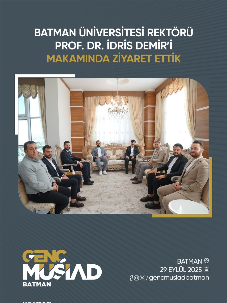 Genç MÜSİAD Batman olarak Batman Üniversitesi Rektörü Prof. Dr. İdris Demir’i ziyaret ettik. Batman'a değer katan YBA programımızı paylaştık; üniversite gençlerini yapay zeka, teknoloji ve inovasyon konularında bilgilendiren bu tarz etkinliklerin devamını sağlayacağımızı ilettik.