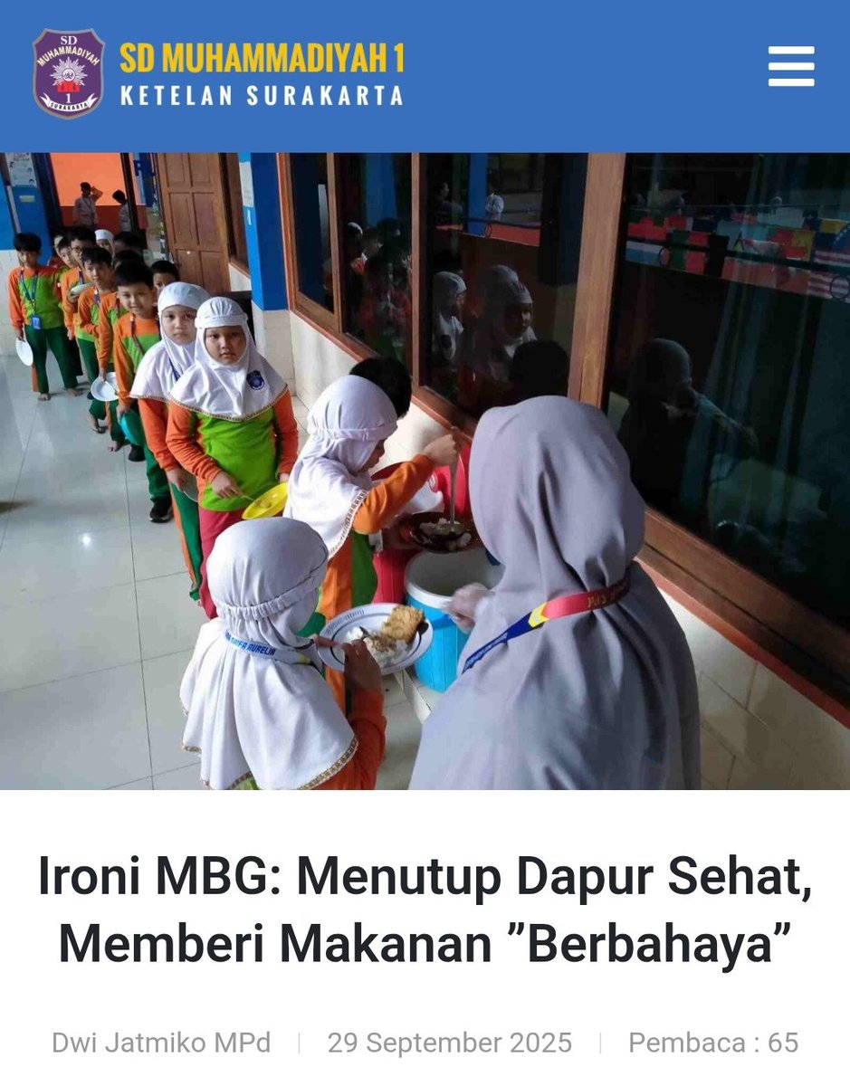 <a href="/kompascom/">Kompas.com</a> <a href="/hrdbacot/">HRD BACOT</a> Dapur sehat SD Muhammadiyah 1 Ketelan Solo :

➡️ Sertifikat uji lab bahan &amp; air
➡️ Sertifikat halal
➡️ Sistem keamanan pangan BPOM
➡️ Juara Kantin Sehat Nasional
➡️ 0 kasus keracunan selama 10 tahun.

Sekarang mau ditutup dengan diganti MBG yg ribuan kali bikin anak sakit