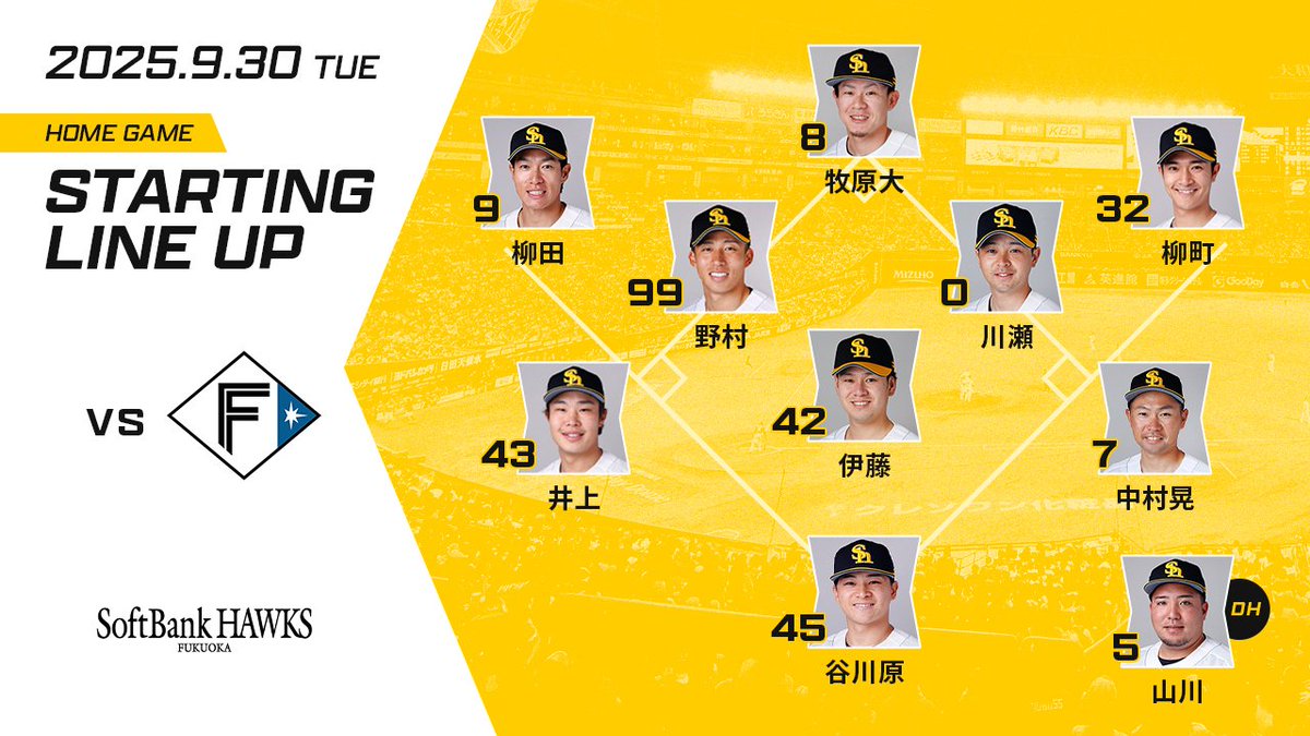 9月30日スタ☆メン】 1左 #柳田悠岐 2中 #牧原大成 3右 #柳町達 4一