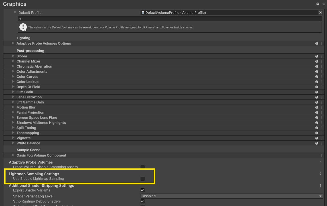 ElenaImagineer's tweet image. #UnityTip
En Unity 6.1 -&gt; Project Settings -&gt; Graphics -&gt; Lightmap Sampling Settings podéis habilitar el bicubic lightmap sampling en URP y HDRP para lograr transiciones de iluminación más suaves 🔥
#gamedev #indiedev