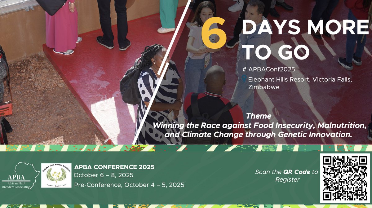 6  Days to the APBA Conference 2025!

Join us at Elephant Hills Resort, Victoria Falls, Zimbabwe, for three days of innovation, collaboration, and breakthroughs in plant breeding.

Register here: africanplantbreeders.org

#APBAConf2025